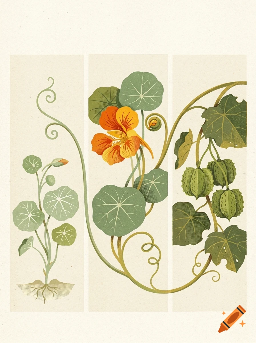 An illustrative botanical layout featuring nasturtium plants with round leaves, stems, roots, orange flowers, and seed pods divided across three vertical panels.