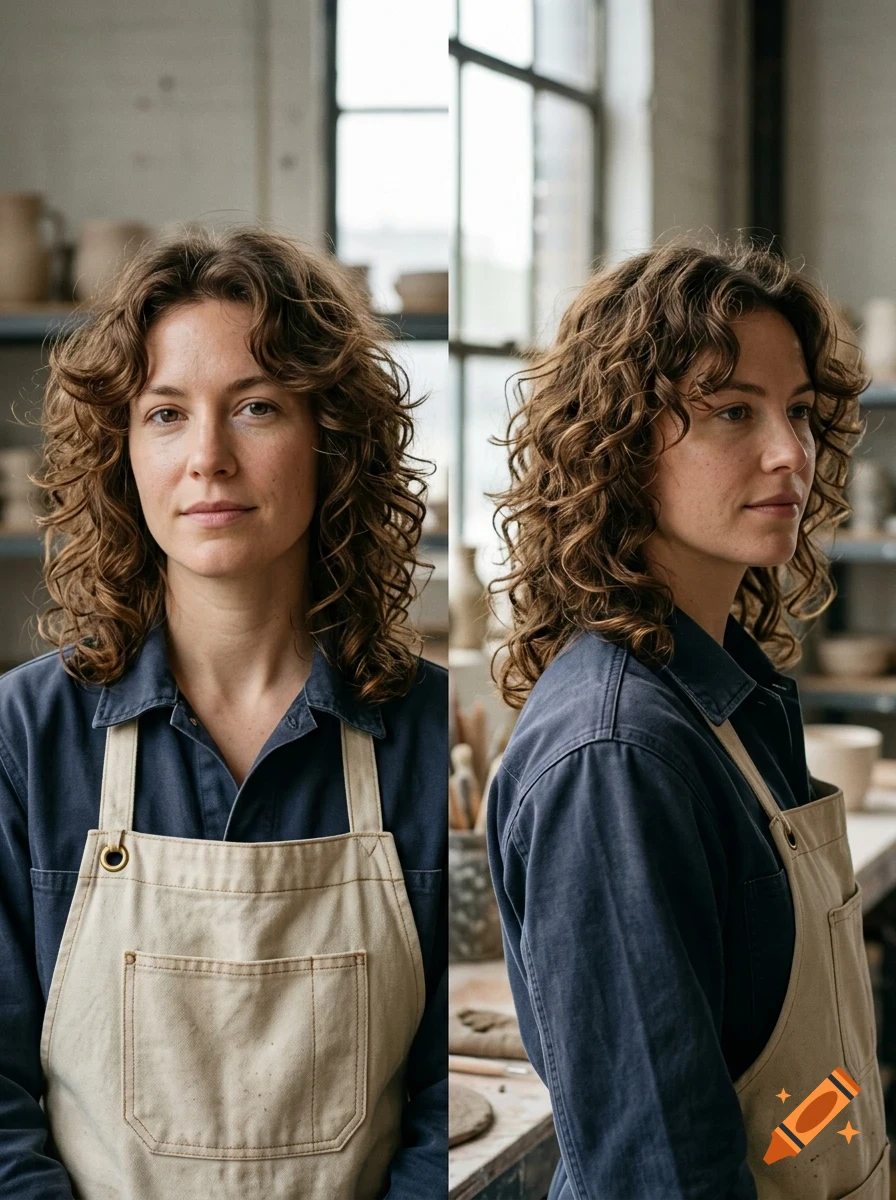 Two-panel portrait of a woman with curly brown hair wearing a blue work shirt and a canvas apron in a workshop.