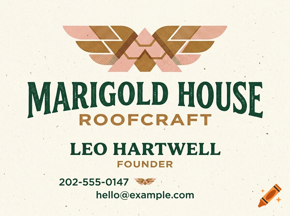 A business card with a geometric winged logo, green and brown text reading Marigold House Roofcraft, Leo Hartwell Founder, phone number, and email.