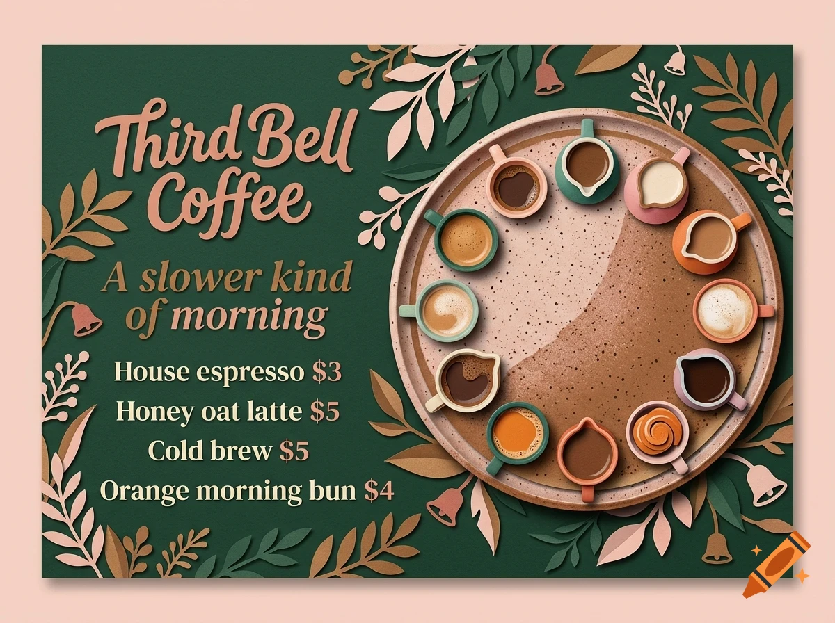 An illustrated coffee shop menu with a dark green background, featuring text that reads Third Bell Coffee, and a large circular tray arranged with various coffee cups resembling a clock face.