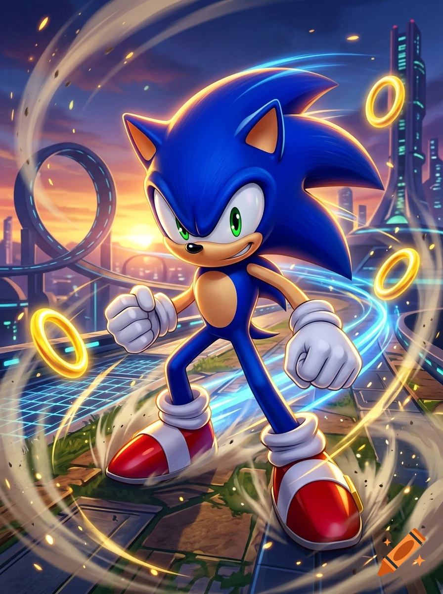 Digital illustration of Sonic the Hedgehog in a dynamic pose surrounded by golden rings and speed trails, set against a futuristic city background at sunset.