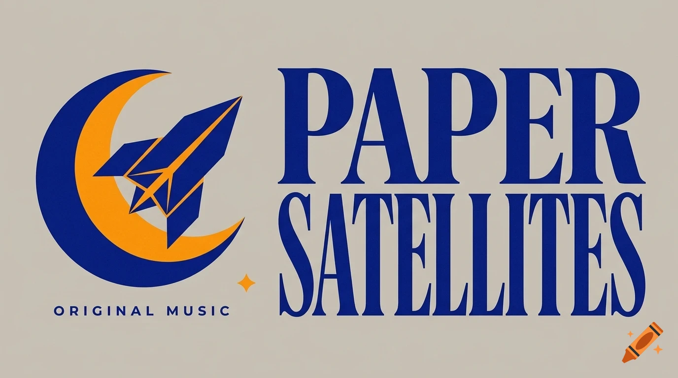 A graphic design featuring the text "PAPER SATELLITES" and "ORIGINAL MUSIC", alongside an orange crescent moon and a blue paper rocket.