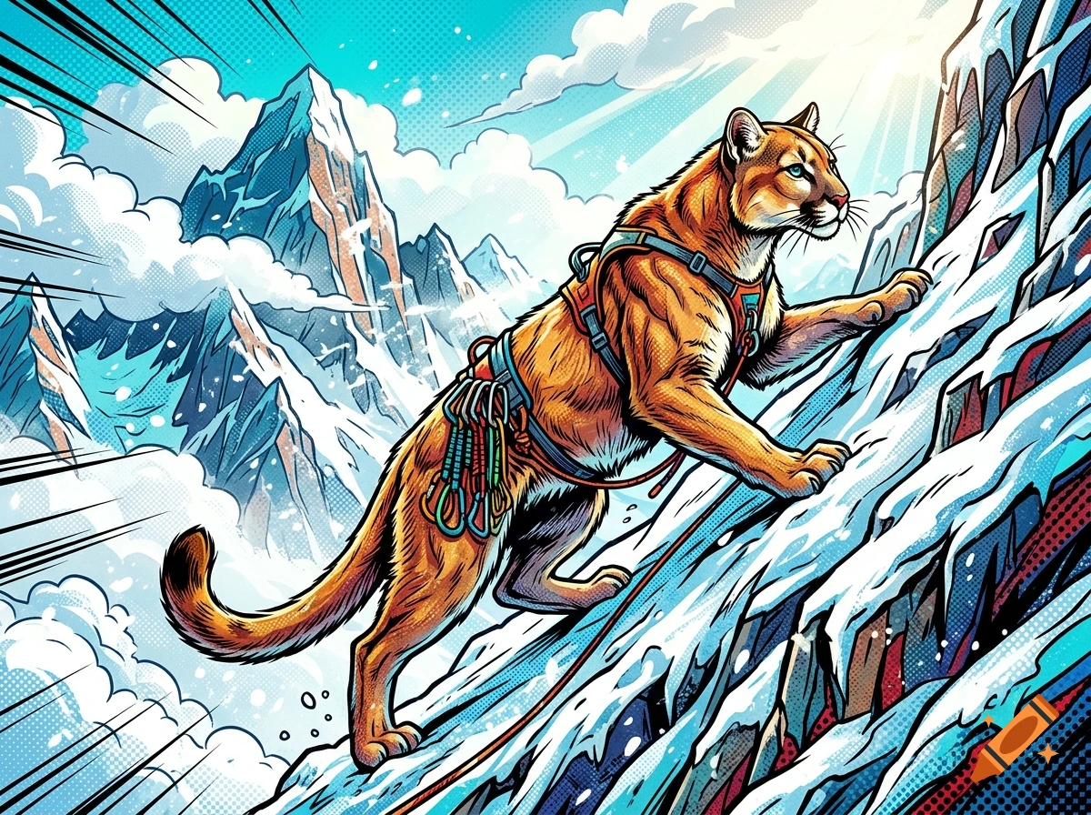 Pop art illustration of a cougar wearing a climbing harness and scaling a snowy mountain.