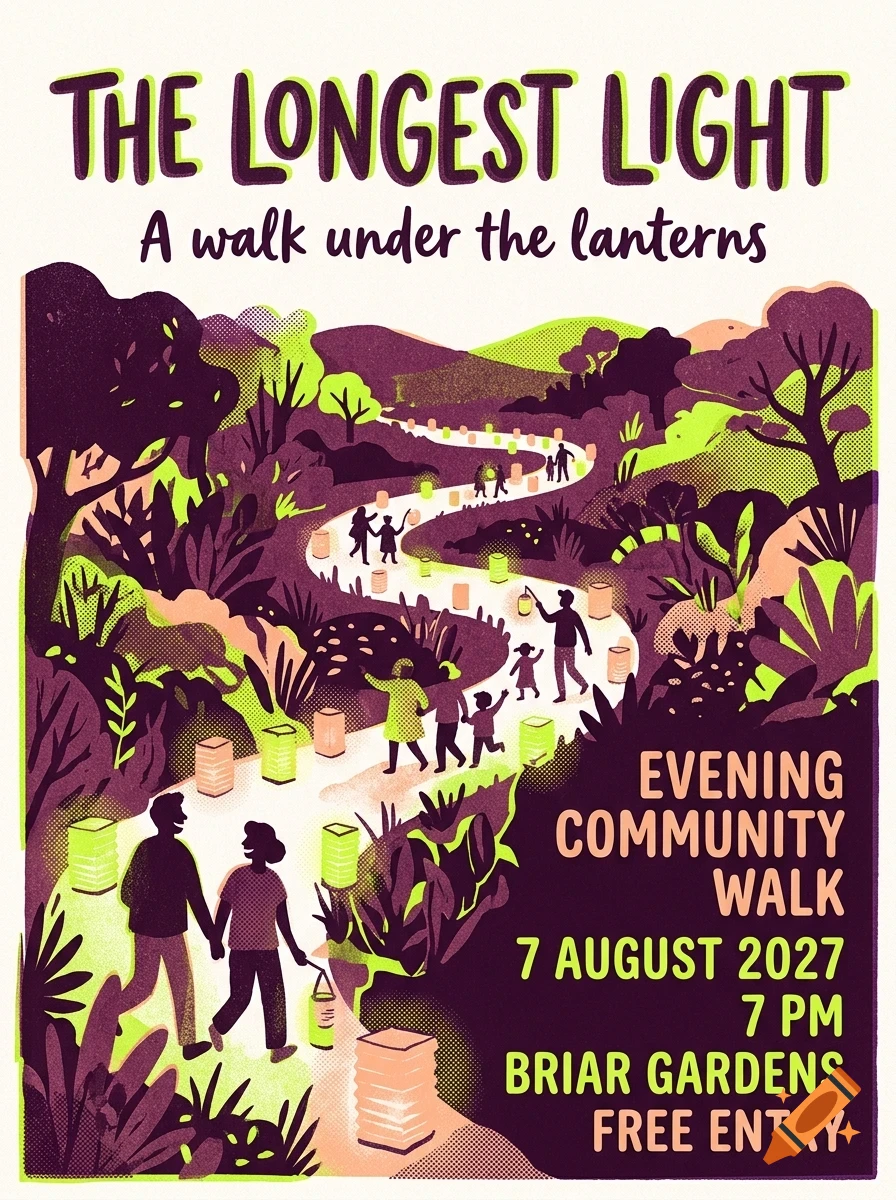 An illustrated poster showing people walking along a winding path lined with lanterns through a wooded park at night, with the text The Longest Light.