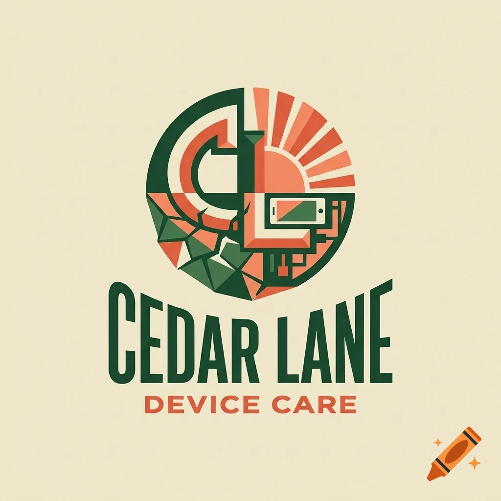 A logo for Cedar Lane Device Care featuring a circular emblem with the letters C and L, a sun, and a smartphone icon, with the text Cedar Lane Device Care below.