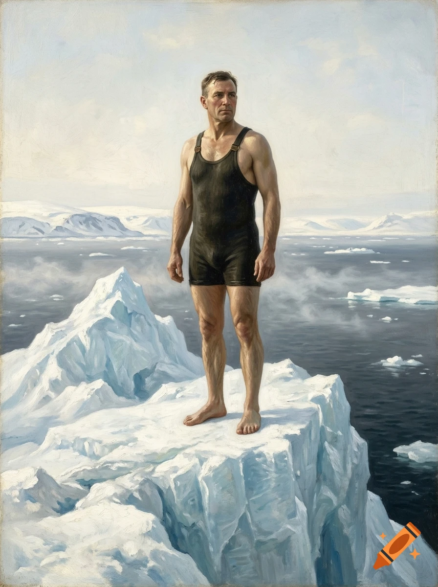 Oil painting in Vermeer style of a man in a 1920s swimsuit standing on an iceberg in the Arctic ocean.
