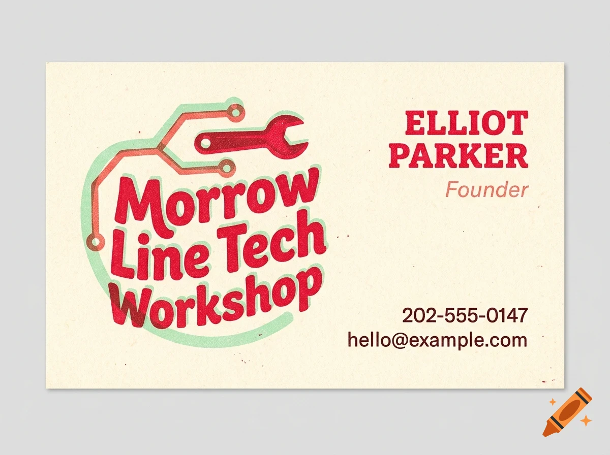 A business card for Morrow Line Tech Workshop featuring a logo with a wrench and circuit traces, and the name Elliot Parker.