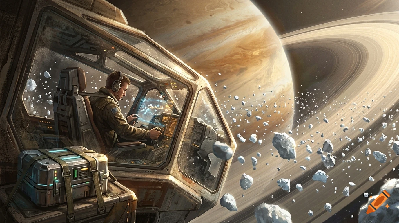 An astronaut piloting a spacecraft through an asteroid field near a gas giant planet with prominent rings.