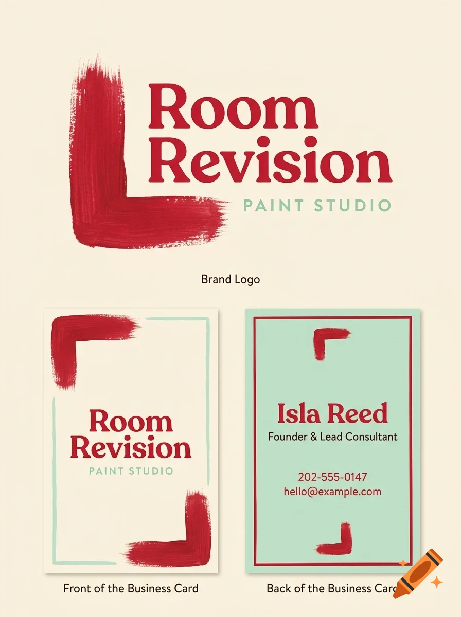 A brand identity mock-up showing a red brushstroke logo for Room Revision Paint Studio and corresponding front and back business cards with contact details for Isla Reed.