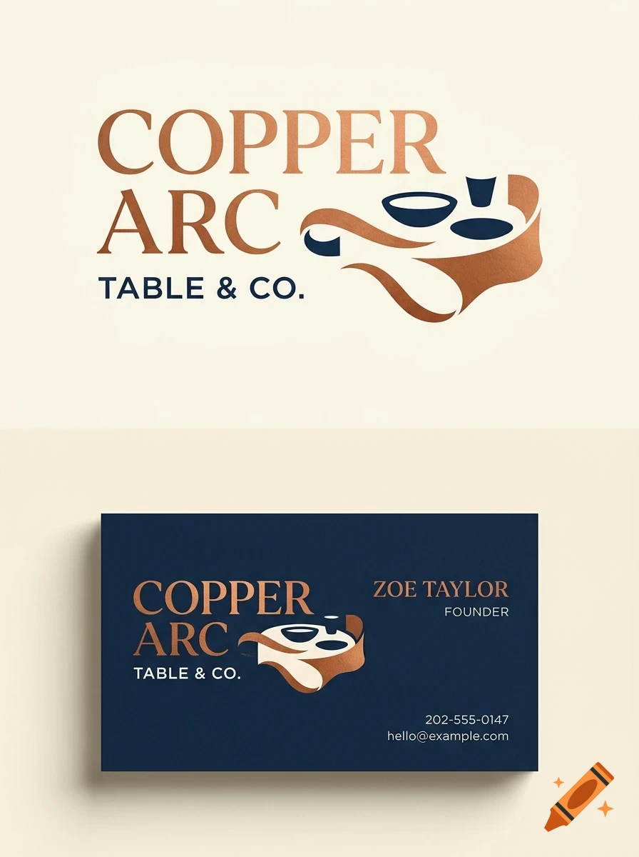 A branding design for Copper Arc Table & Co, featuring copper lettering and an abstract tableware logo, displayed on a light background and a dark blue business card.