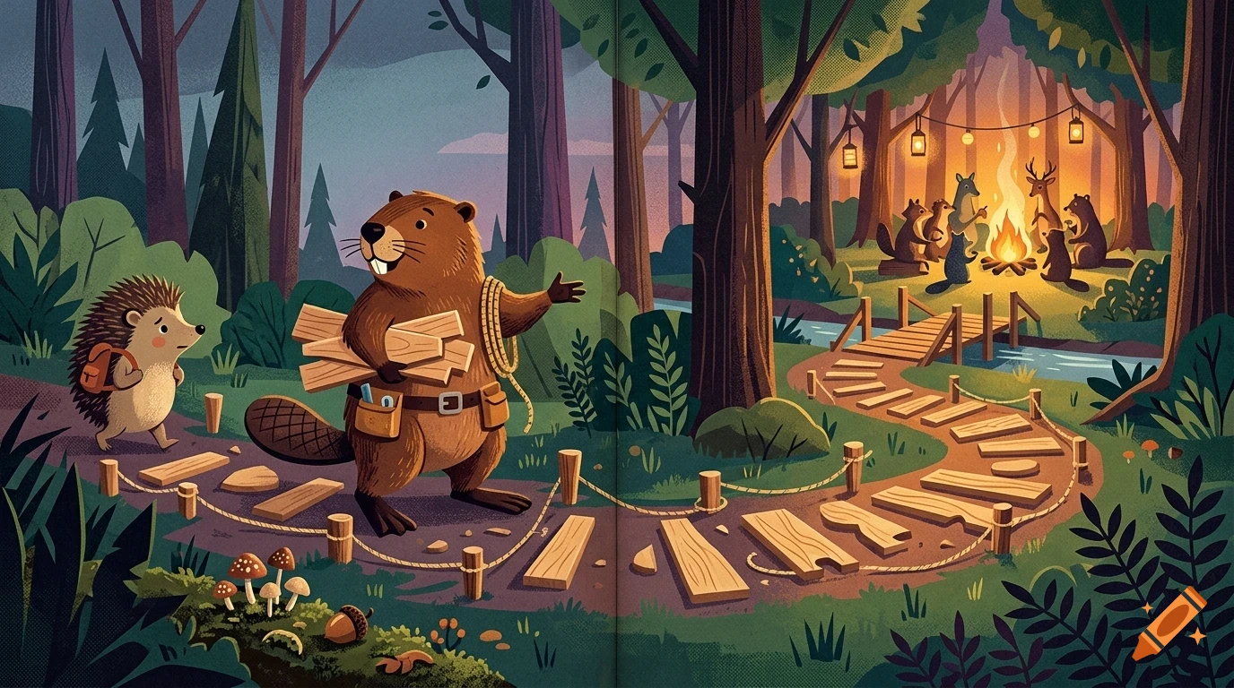 An illustrated children's book scene featuring a beaver carrying wood and a hedgehog walking along a wooden path in a forest towards a campfire gathering.