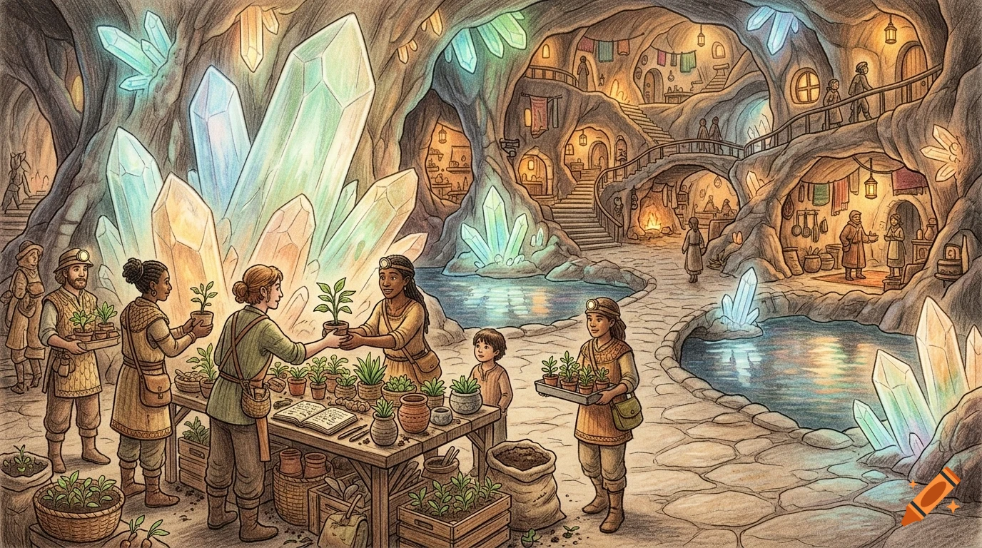 An illustrated fantasy underground cavern village with glowing crystals, people trading potted plants, and winding pathways among stone dwellings.
