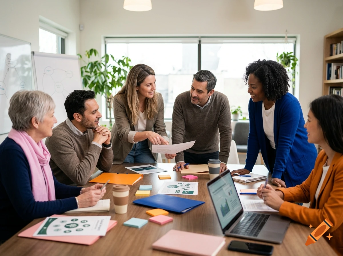 Photorealistic image of a diverse group of professionals collaborating and discussing documents around a wooden table in a bright office.