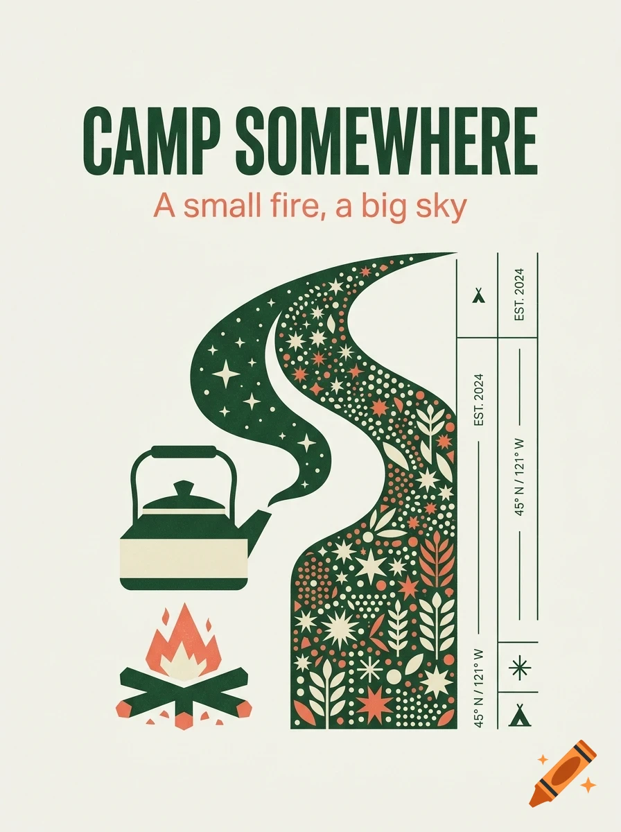 A stylized poster with text reading CAMP SOMEWHERE and A small fire, a big sky, depicting a kettle over a campfire and a swirling green smoke trail filled with stars and plants.
