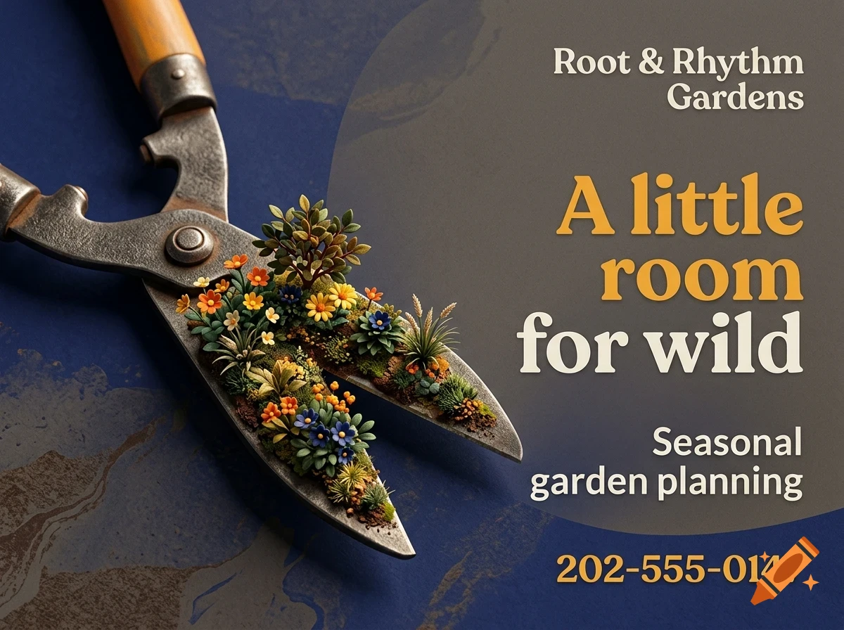 An advertisement for Root & Rhythm Gardens featuring garden shears with miniature plants growing on the blades and the text A little room for wild.
