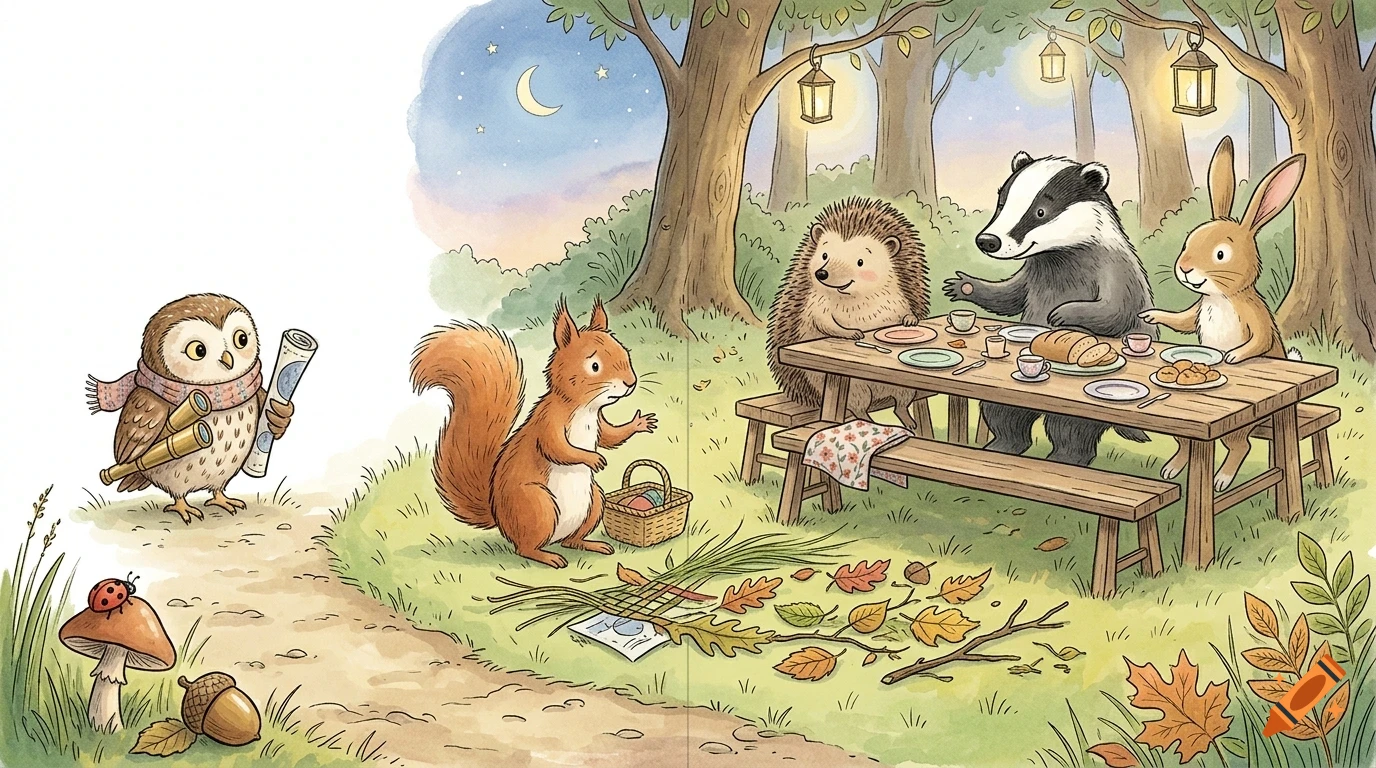 An illustration of woodland animals including an owl, squirrel, hedgehog, badger, and rabbit having a gathering in a forest.
