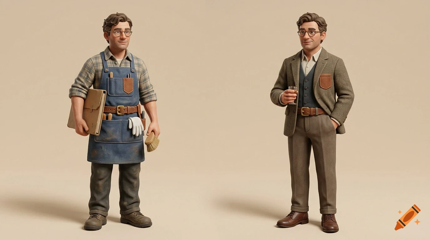 3D figurines of the same man in two different outfits, one as a craftsman and one in formal wear.