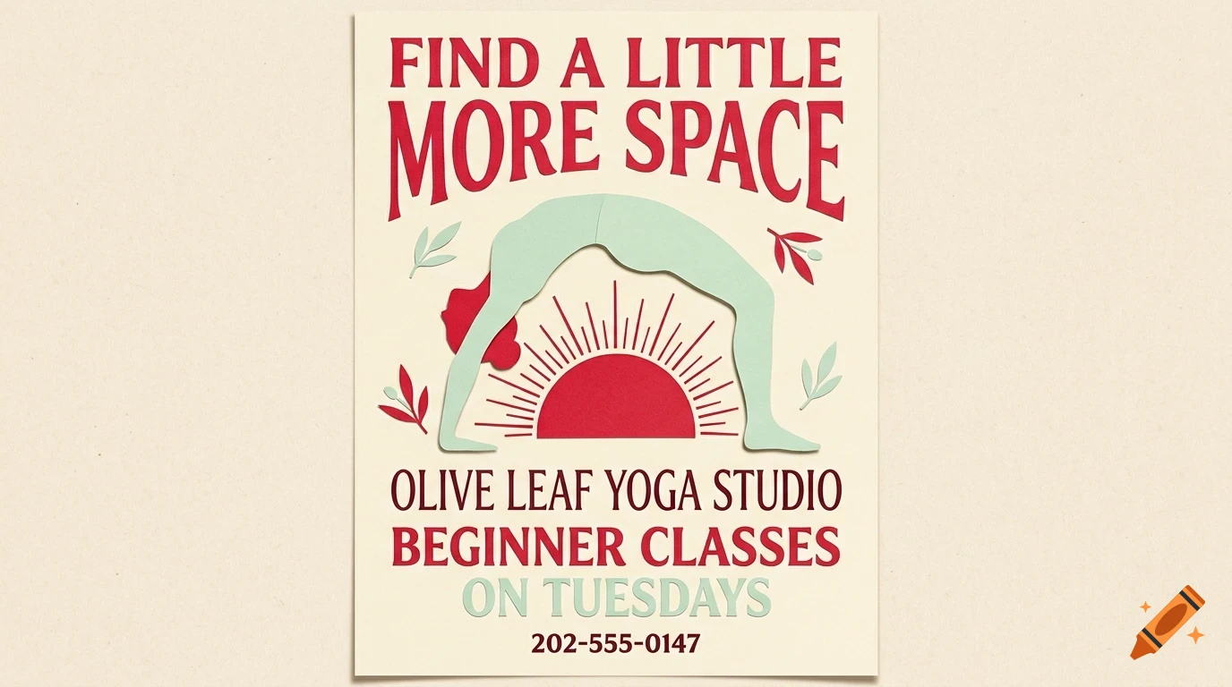 Poster for Olive Leaf Yoga Studio featuring a person doing a backbend over a red rising sun, surrounded by foliage and text.