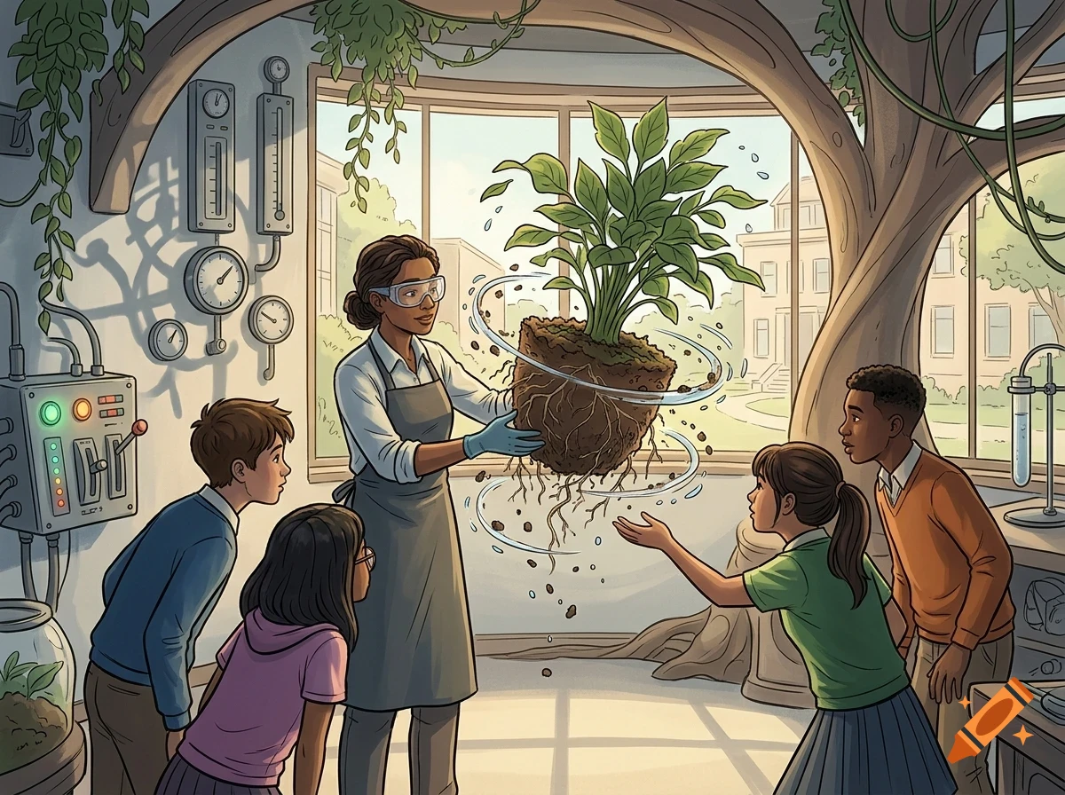 A female scientist in a laboratory setting holds a levitating potted plant in front of four watching children.