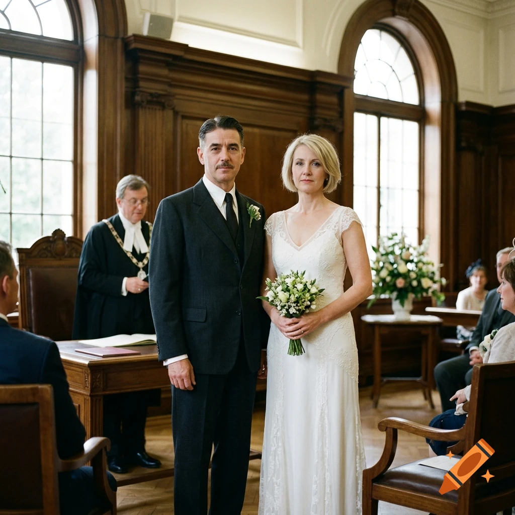 Photorealistic image of a couple standing together in a courthouse during a wedding ceremony.