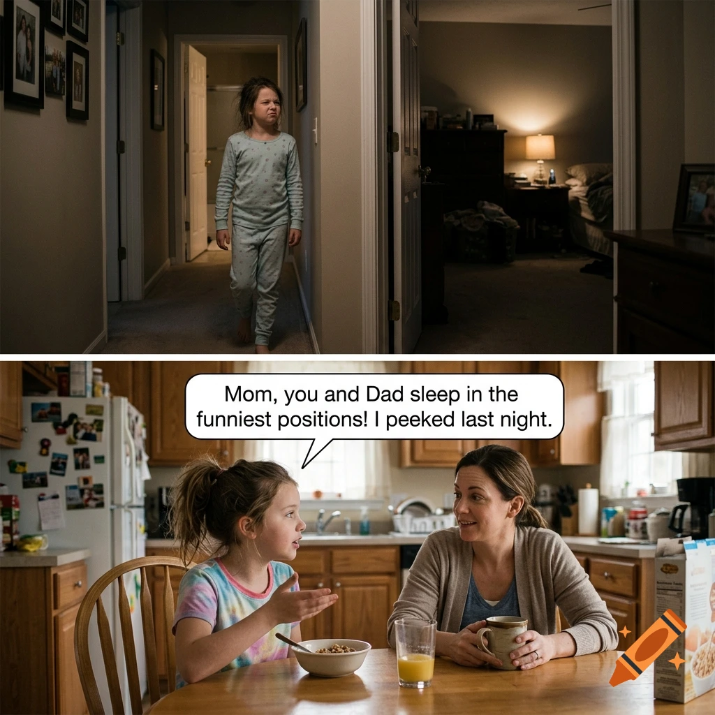 A two-panel comic strip showing a child waking up at night and talking to her mother in the kitchen about parents sleeping in funny positions.