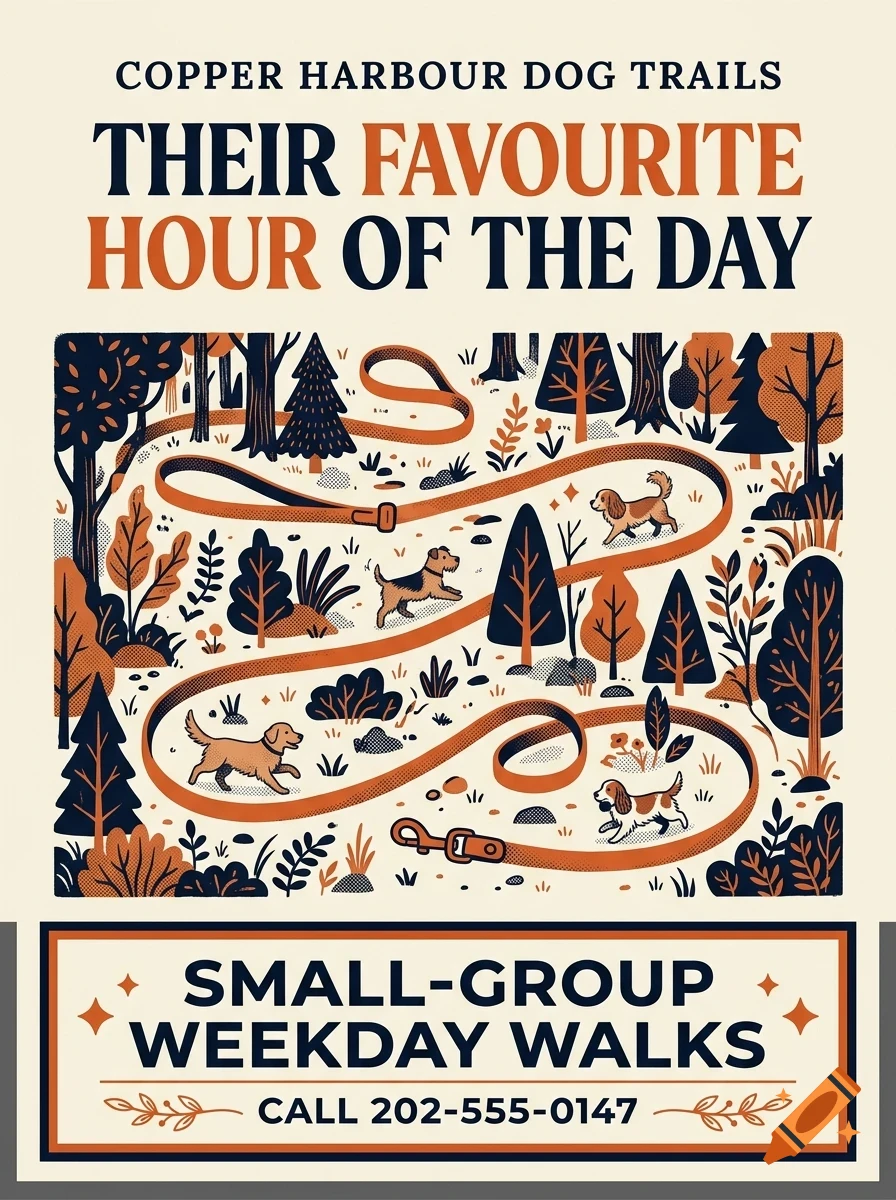 An illustrated poster advertising dog walks, featuring several dogs walking along a winding path through a forest of trees.