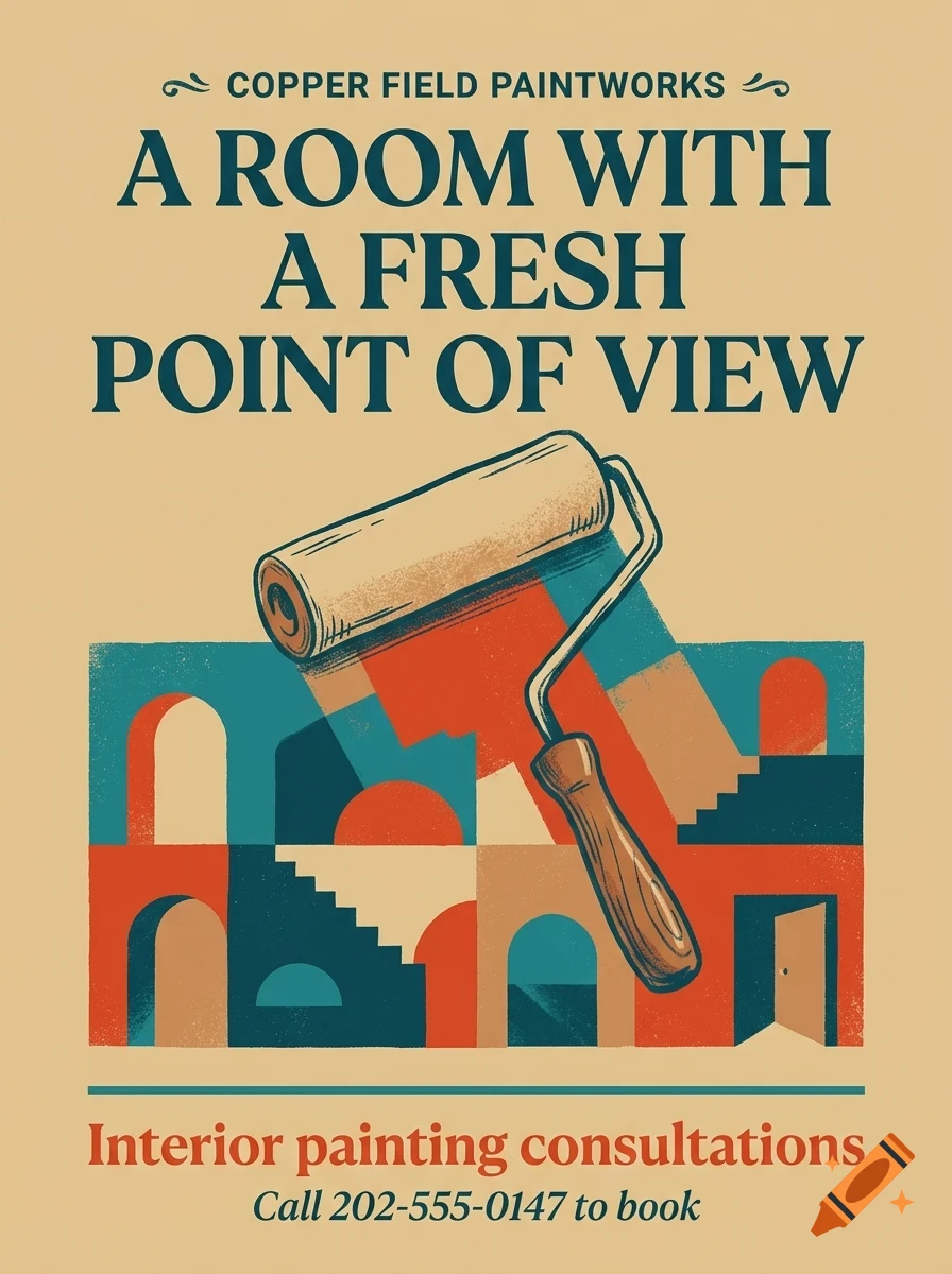 A poster for Copper Field Paintworks featuring a paint roller over geometric abstract interior shapes, with lettering reading A room with a fresh point of view.