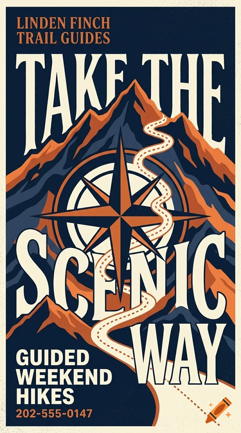 A vintage-style poster depicting mountains, a winding trail, and a compass rose with the text 'Take the scenic way'.