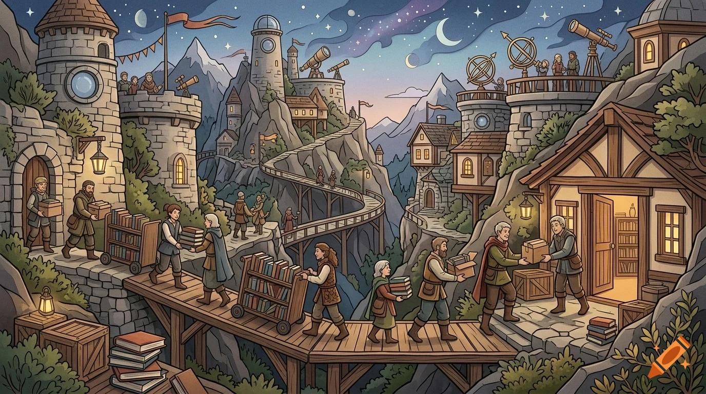 An illustrated fantasy mountain village at night, where people are carrying books and boxes between stone towers and rustic houses under a starry sky.