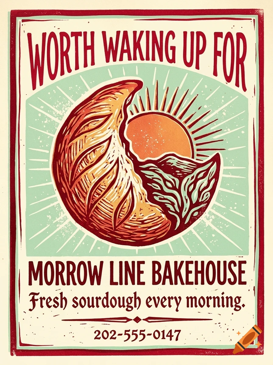 A vintage-style poster for Morrow Line Bakehouse featuring a loaf of bread, sun, and text.