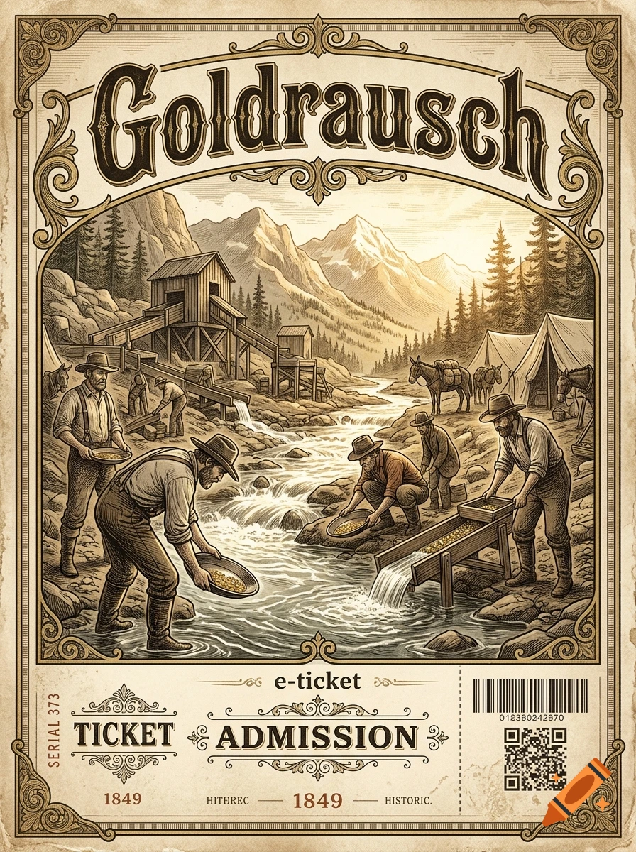 Vintage style gold rush admission ticket featuring prospectors panning for gold in a river and mountain landscape.