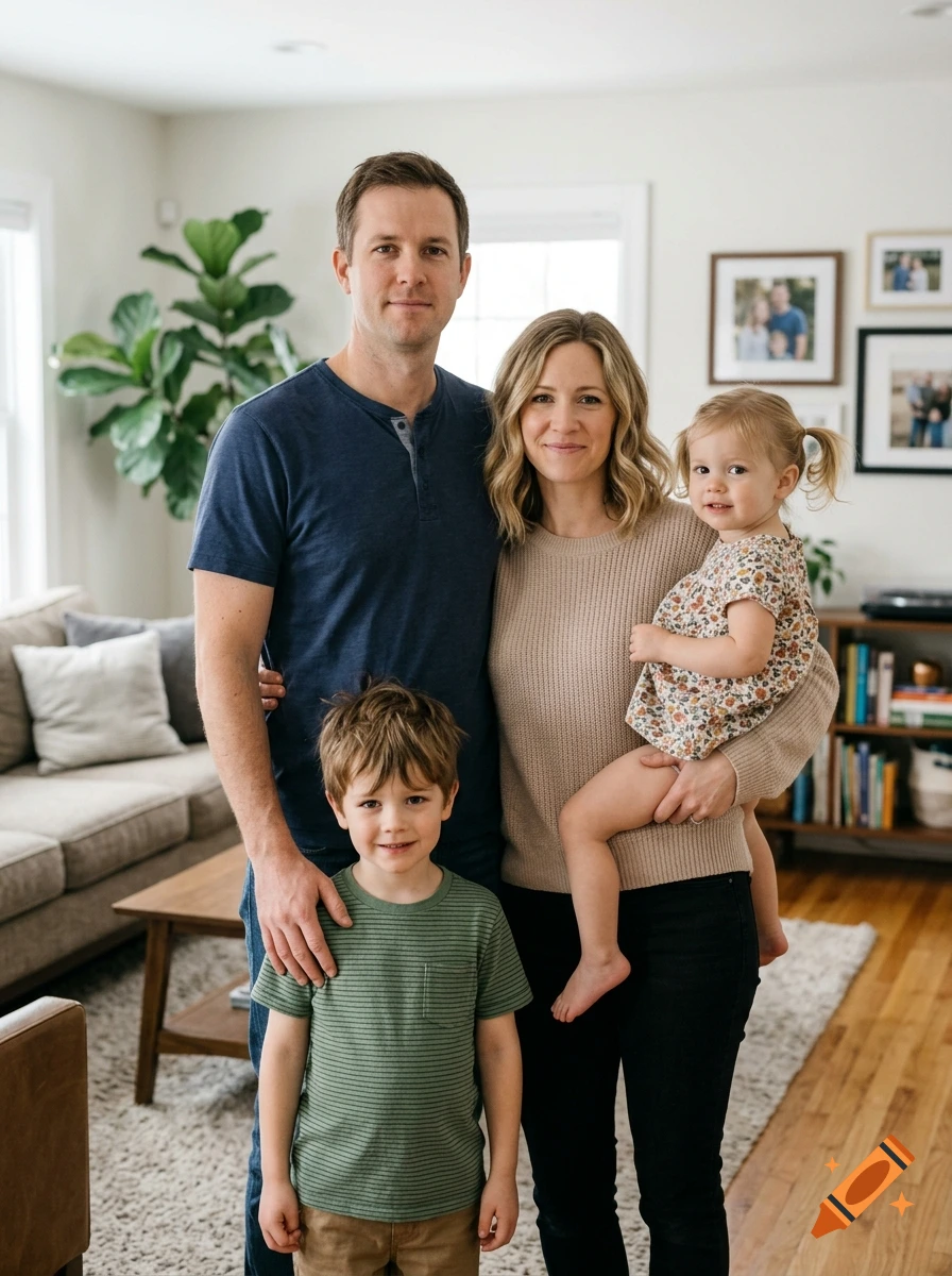 Photorealistic family portrait of a father, mother, young boy, and toddler girl standing together in a living room.