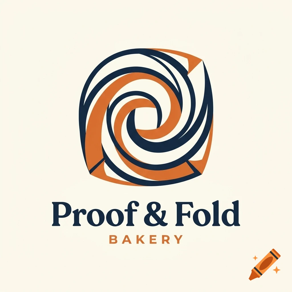 A logo for Proof & Fold Bakery featuring an abstract blue and orange swirl design above the text.