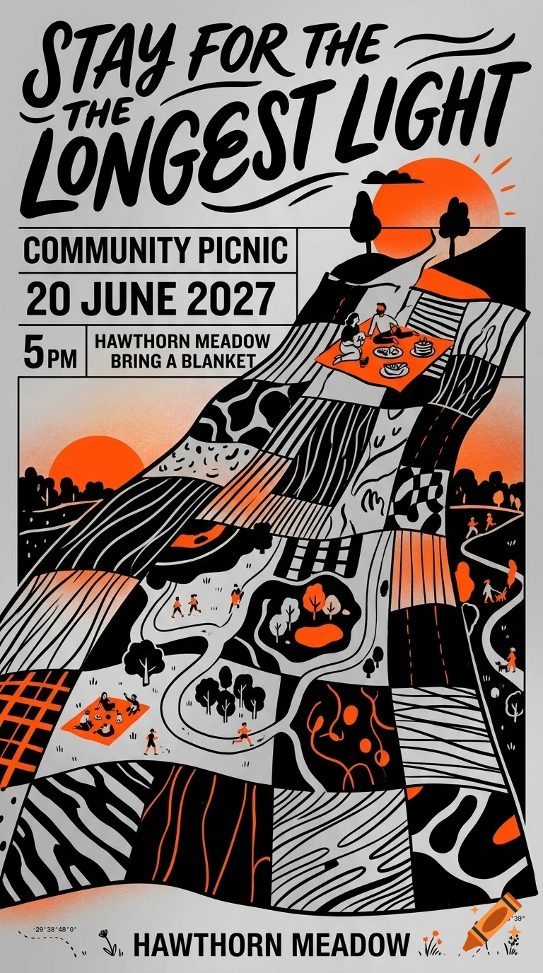 A poster with black, white, and orange illustrations featuring a large landscape quilt, picnic scenes, and the text STAY FOR THE LONGEST LIGHT.