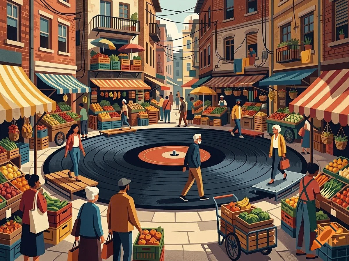 An illustrated street market scene featuring people shopping among fruit and vegetable stalls, with a giant vinyl record embedded in the cobblestone street.