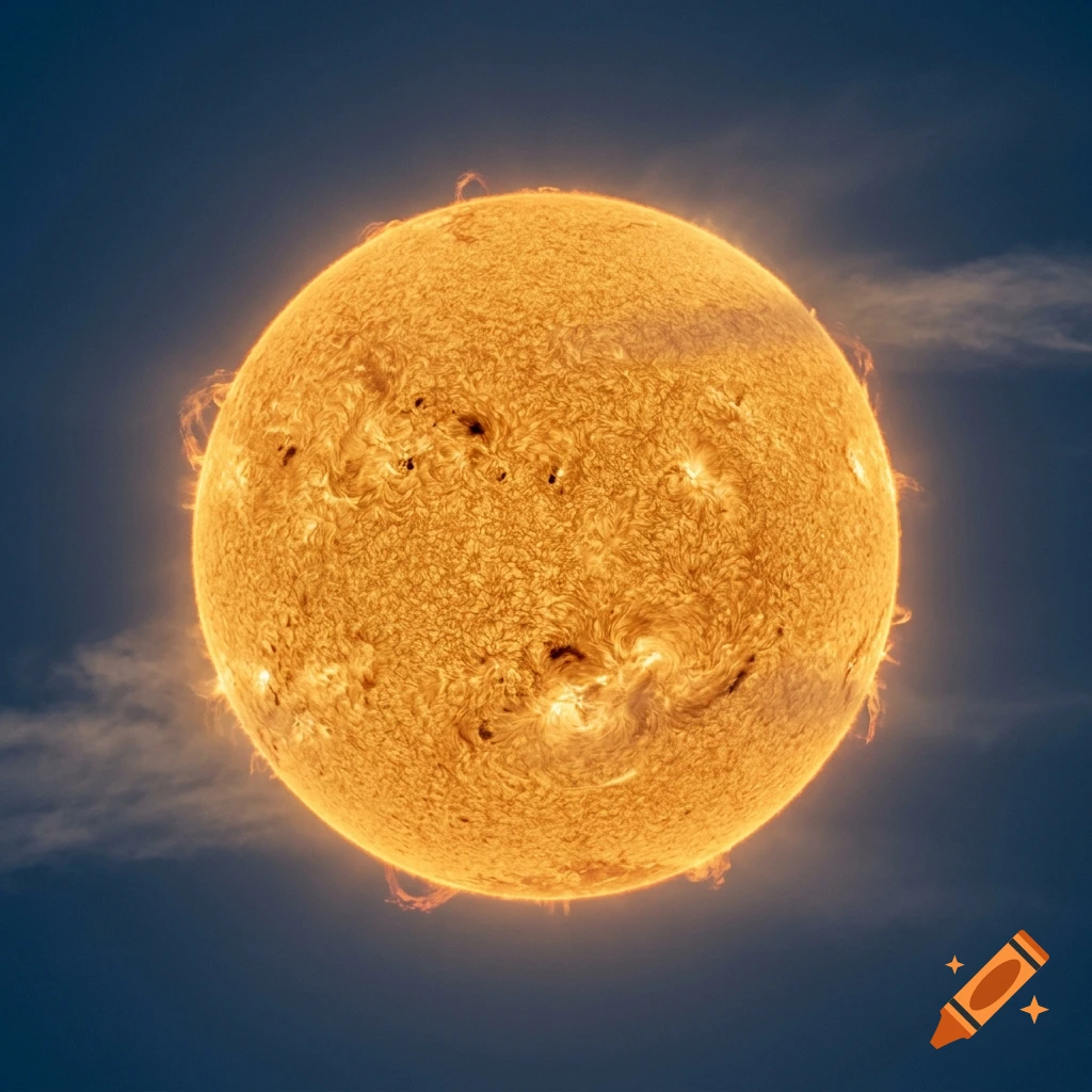 Detailed photographic view of the sun against a dark blue sky with faint clouds.