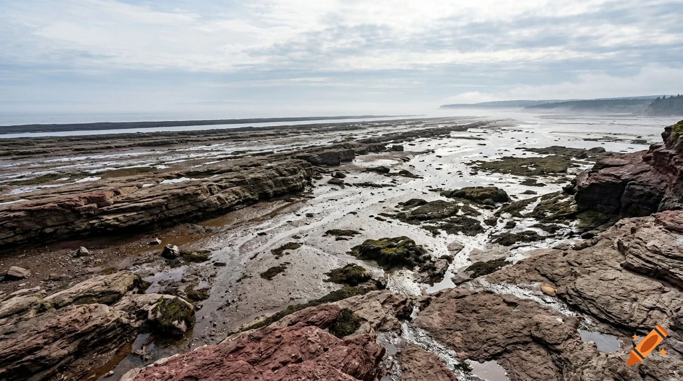 A low tide view of a rocky coastline and wet sand extending out toward the ocean under a cloudy sky.