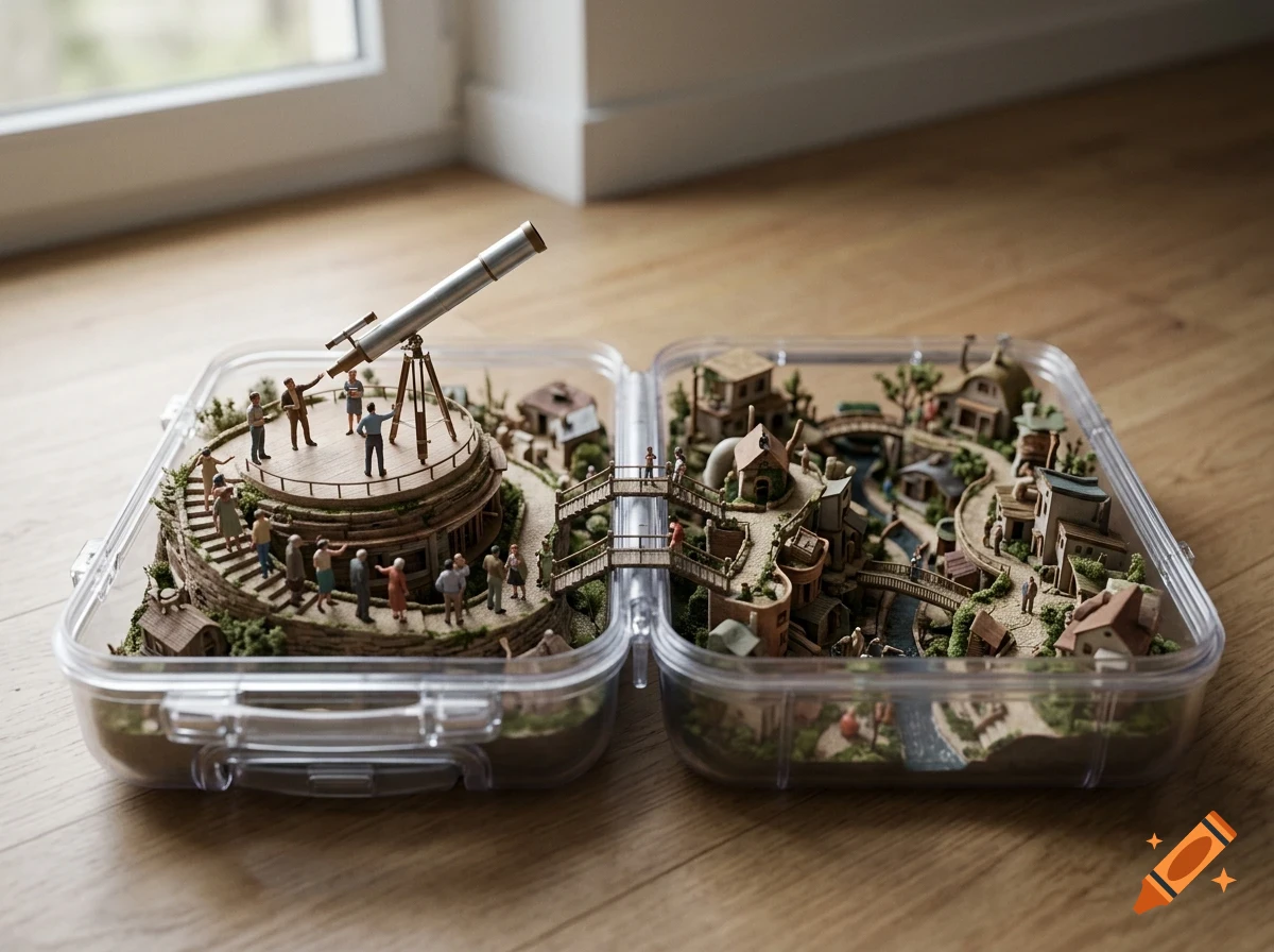 A miniature diorama built inside an open plastic storage container, featuring a tiny observatory with a telescope on one side and a small village with houses, bridges, and tiny figures on the other.