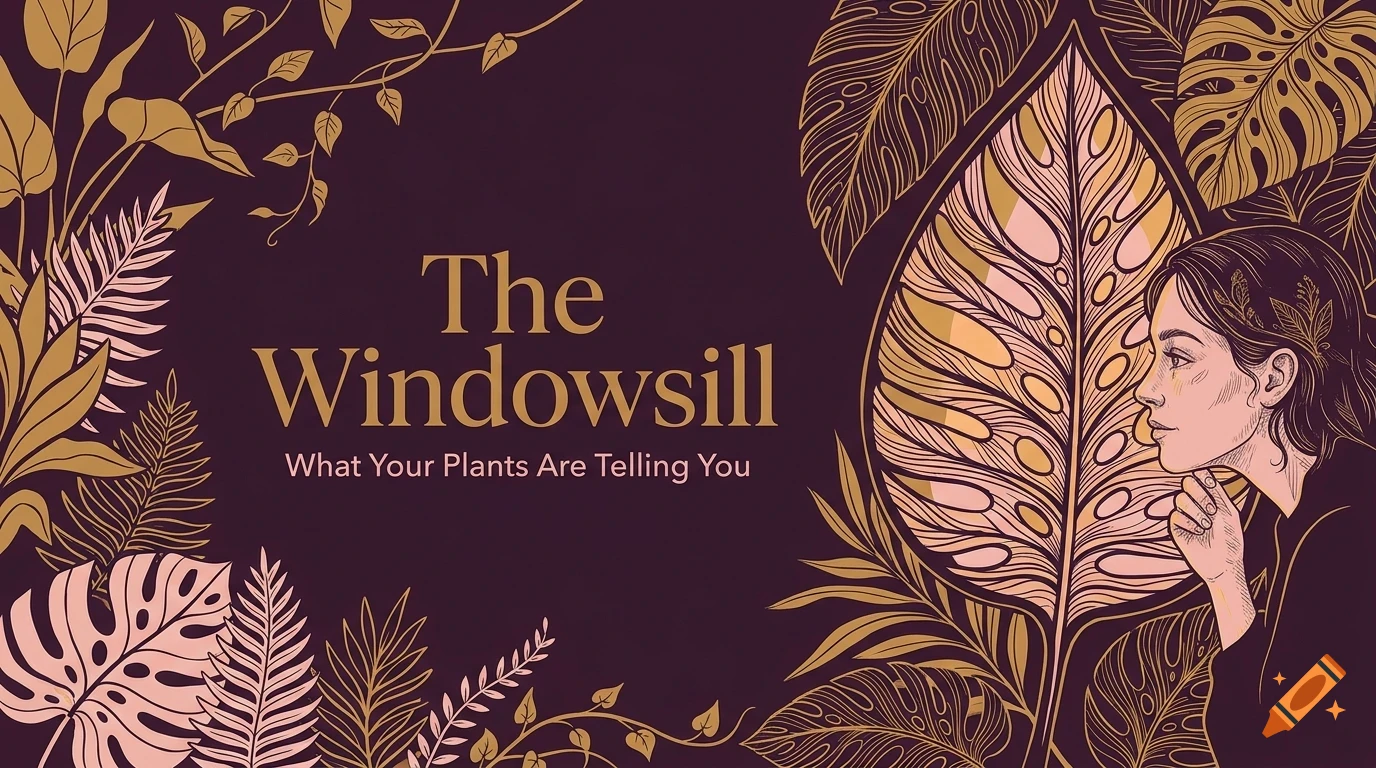 An illustrated banner with a purple background featuring gold and pink foliage, a profile of a woman, and the text The Windowsill What Your Plants Are Telling You.