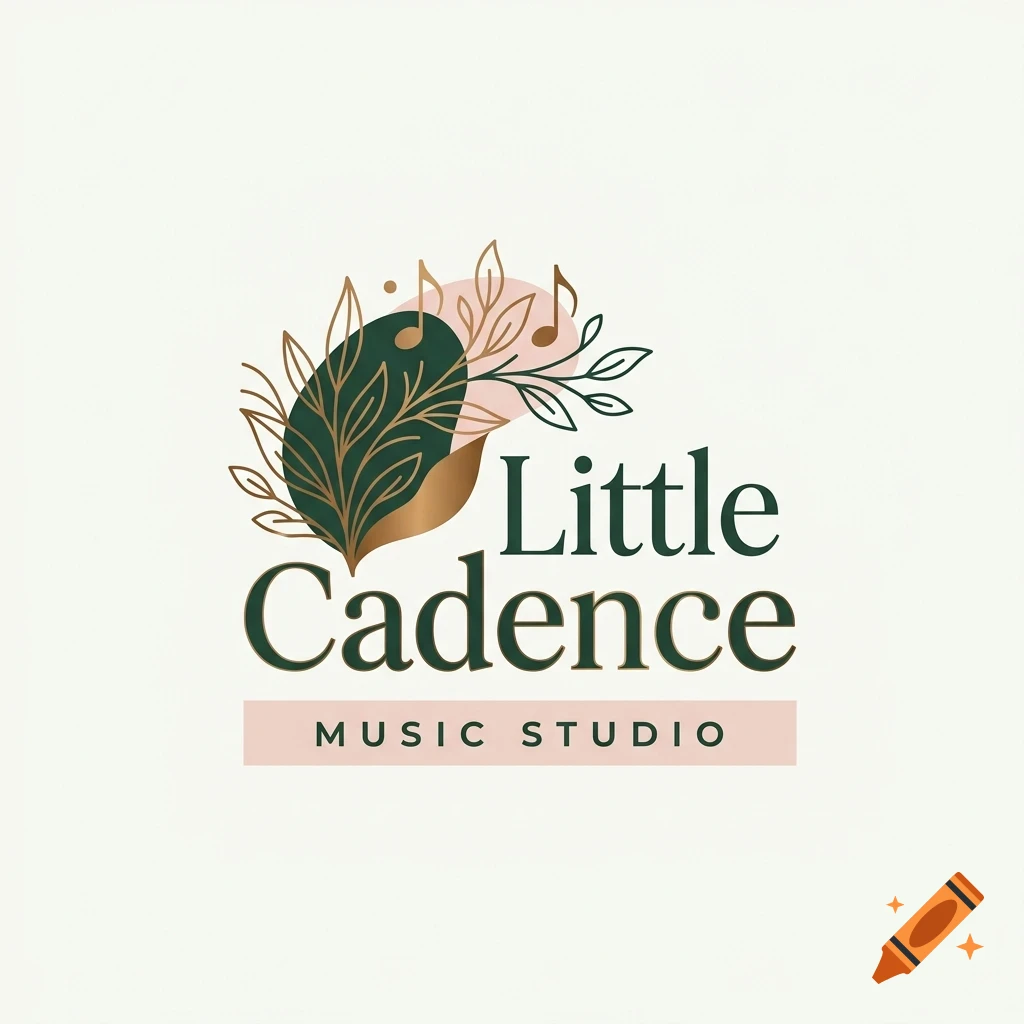 A logo for Little Cadence Music Studio featuring botanical line art, musical notes, and green and pink abstract shapes.