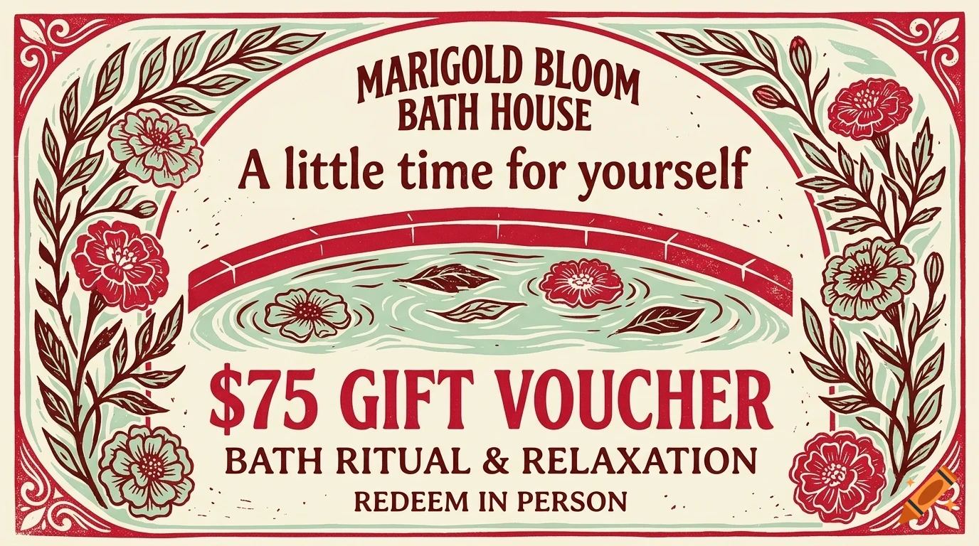 A vintage-style illustration of a gift voucher for Marigold Bloom Bath House, featuring floral borders and a pool with floating flowers.