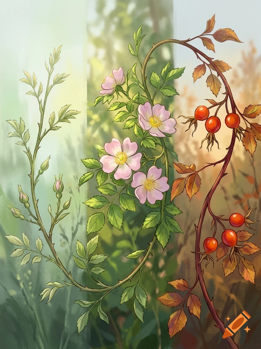 An illustration showing the seasonal stages of a rose plant, from buds to pink flowers and finally red rosehips.