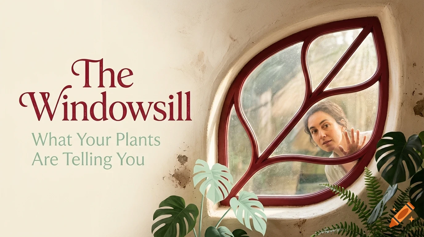 A woman looks through a leaf-shaped window, accompanied by potted plants and the text The Windowsill.