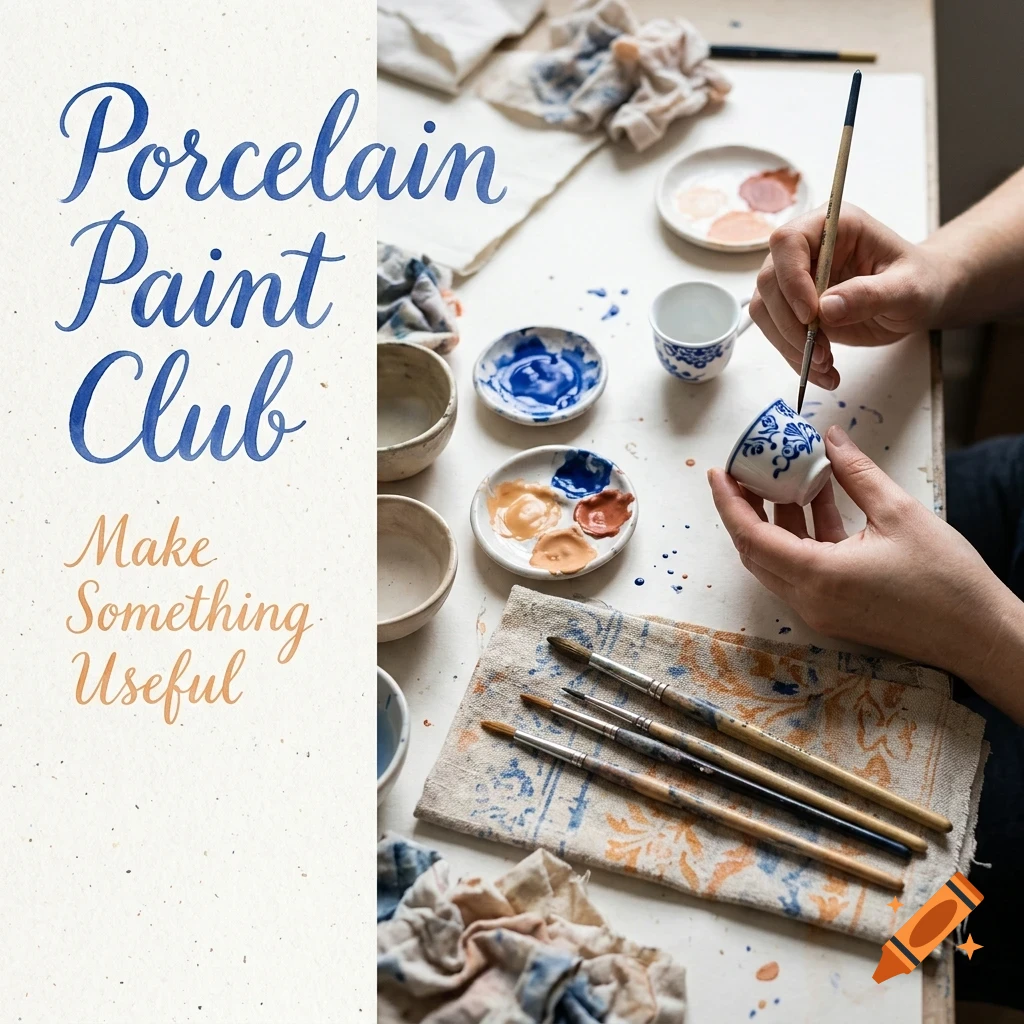 A person painting designs on a small ceramic cup with a fine brush, surrounded by paints, bowls, and brushes on a workbench.