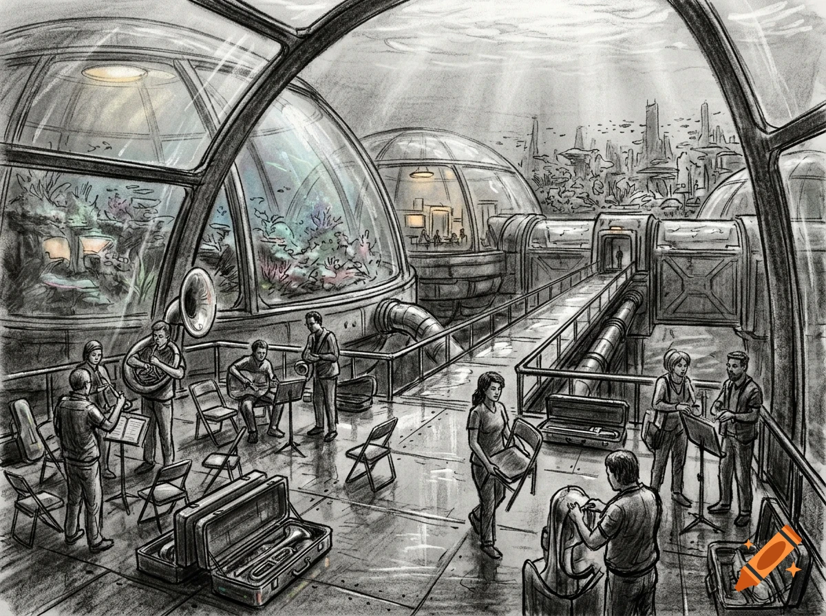 An ink and pencil drawing of an underwater futuristic city with dome structures, connected walkways, and people practicing music inside.