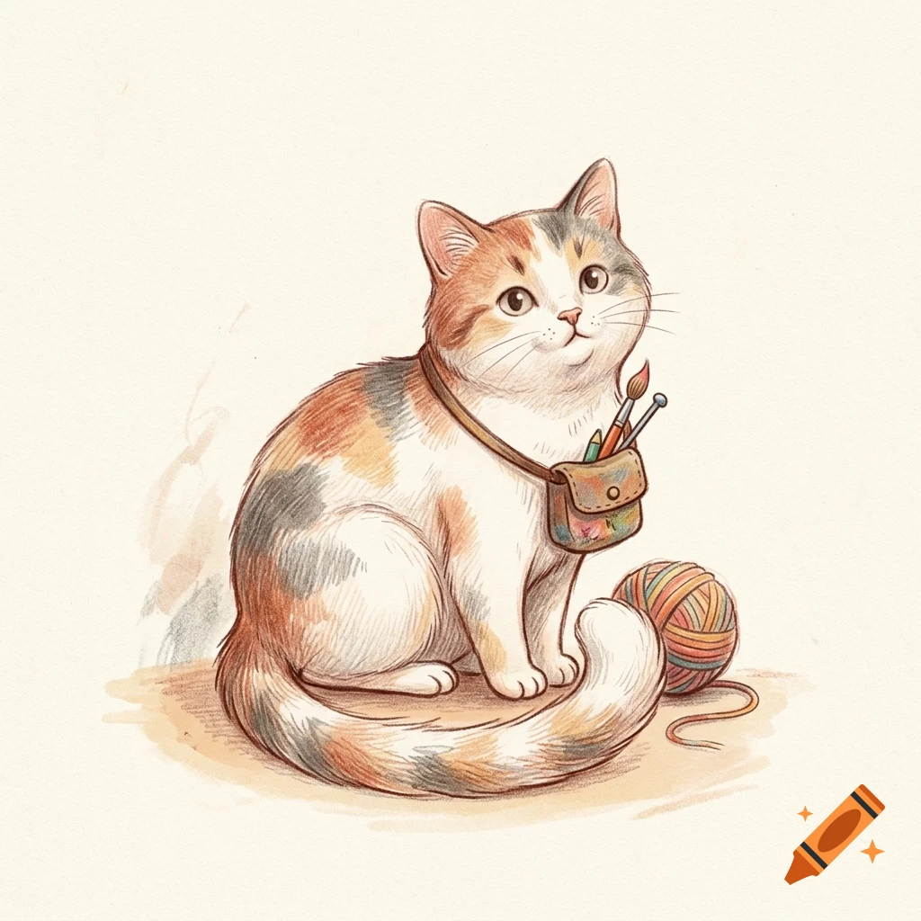 An illustrated calico cat wearing a small bag with paintbrushes, sitting next to a ball of yarn.