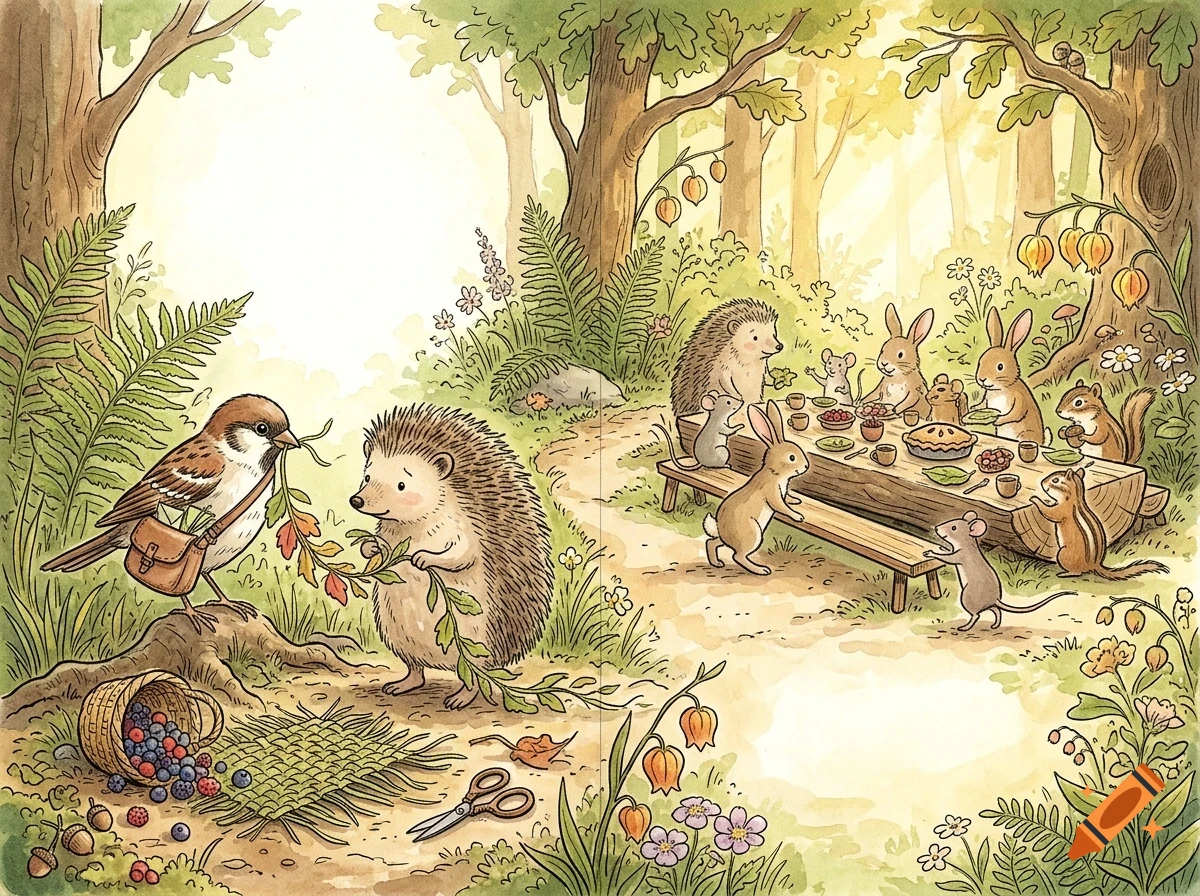 An illustrated woodland scene with various animals including hedgehogs, a bird carrying leaves, mice, rabbits, and a squirrel having a picnic at a log table in a sunlit forest.
