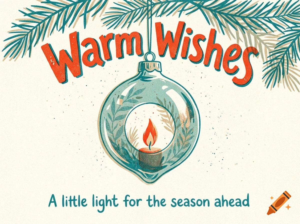 An illustrated holiday card featuring the text 'Warm Wishes' and 'A little light for the season ahead', with a glass Christmas ornament hanging from pine branches containing a burning candle.