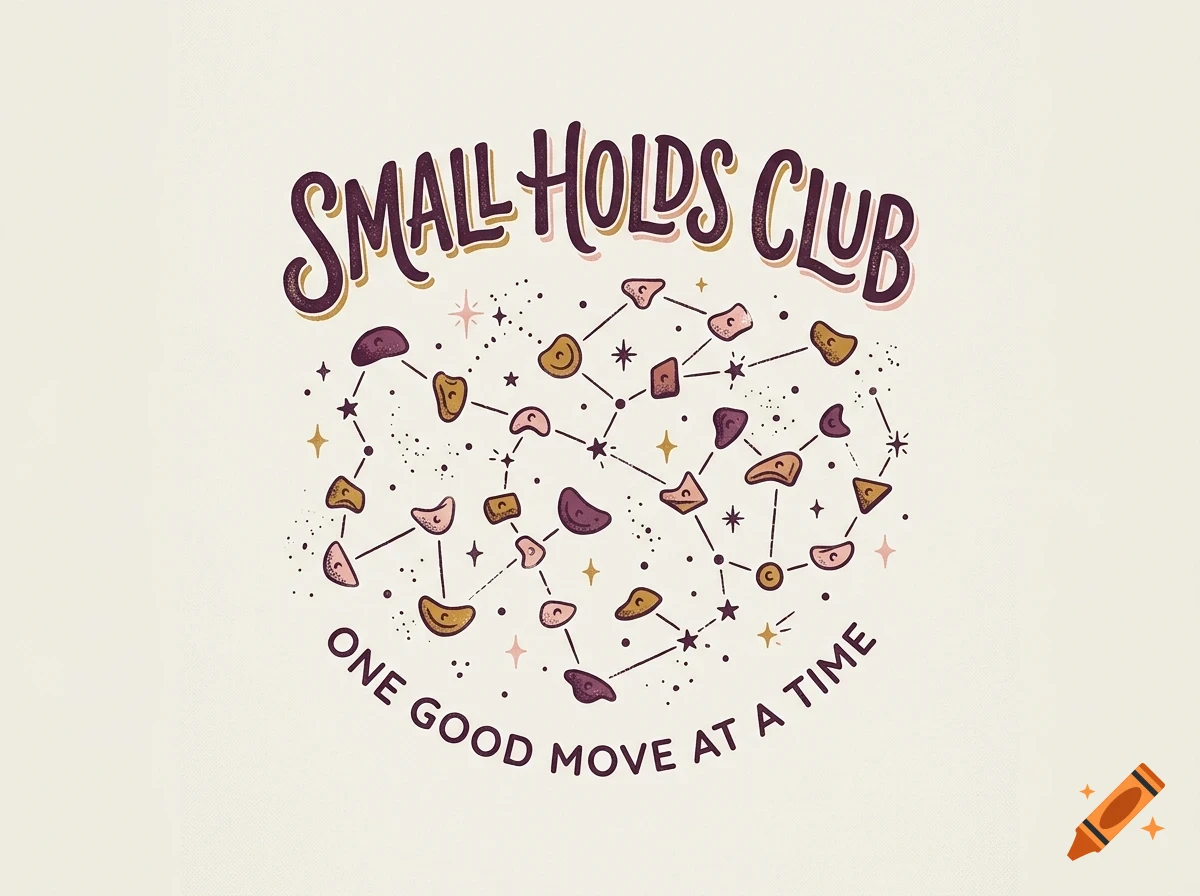 An illustration with climbing holds connected by lines, featuring text that reads Small Holds Club and One good move at a time.