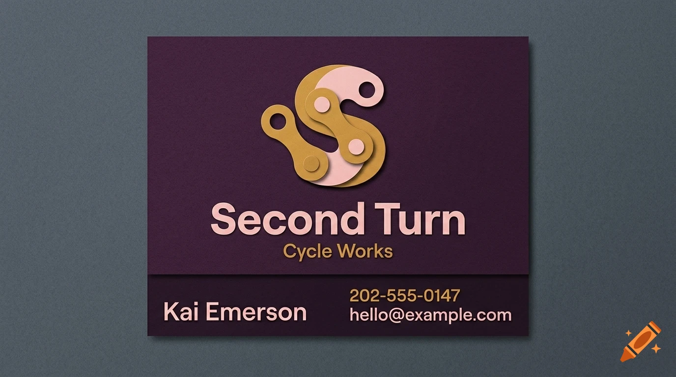 A business card with a purple background, featuring a logo made of bicycle chain links shaping an S, and the text Second Turn Cycle Works, Kai Emerson, phone number, and email.